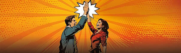 Kunst Claim Arbeitgeberkampagne: Zwie Menschen „klatschen ab“