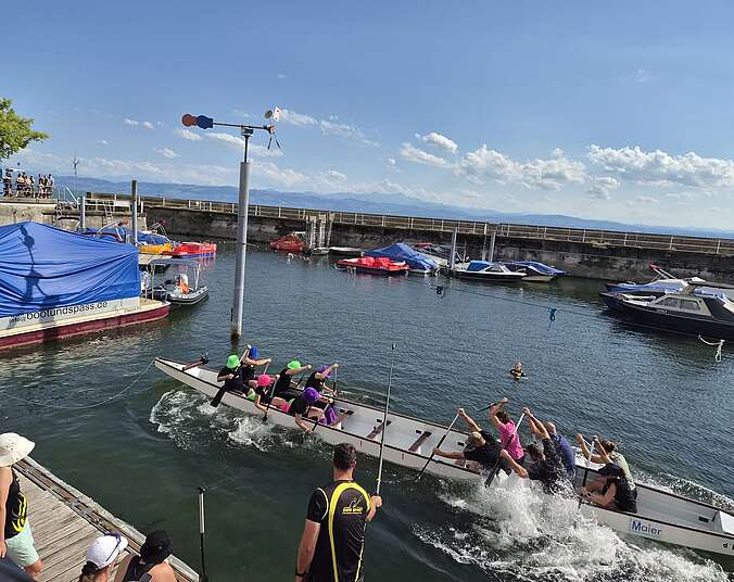 Zwei Teams im Drachenboot, im Vordergrund der Schiedsrichter